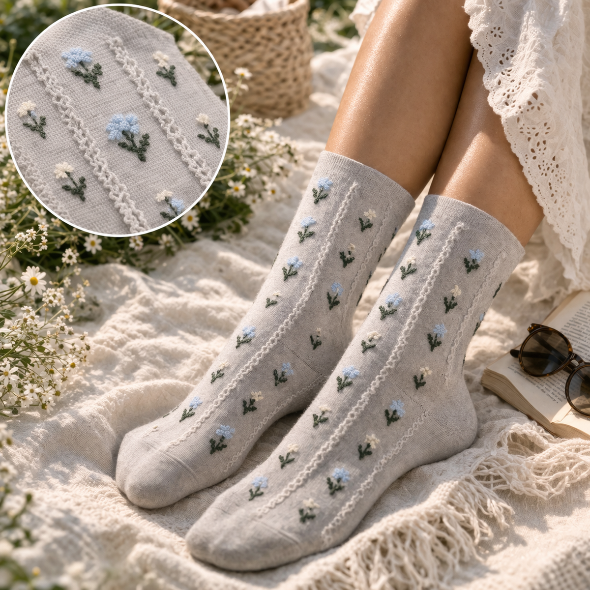 Chaussettes mi-mollet délicates à motif floral - 2 couleurs disponibles