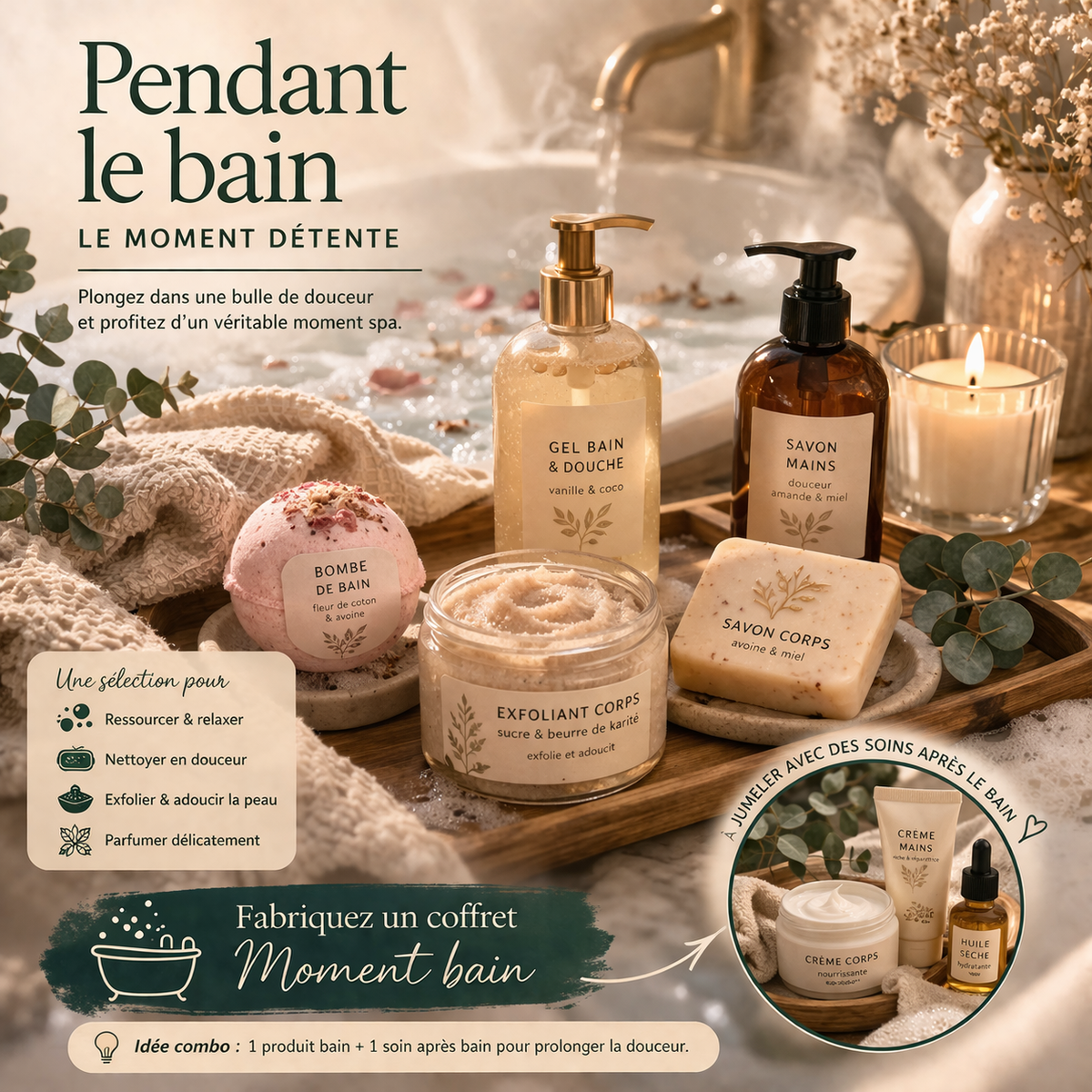 Section - Soins pendant le rituel - Des soins enveloppants pour transformer le bain ou la douche en véritable moment de détente.