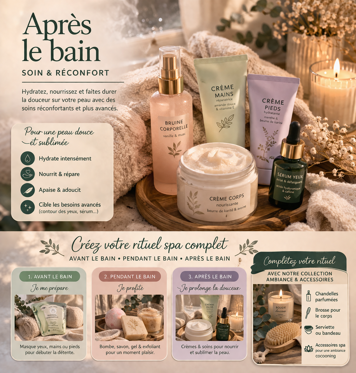 Section - Soins d'après rituel - Hydratez, apaisez, parfumez et prolongez la sensation de bien-être après votre moment spa.