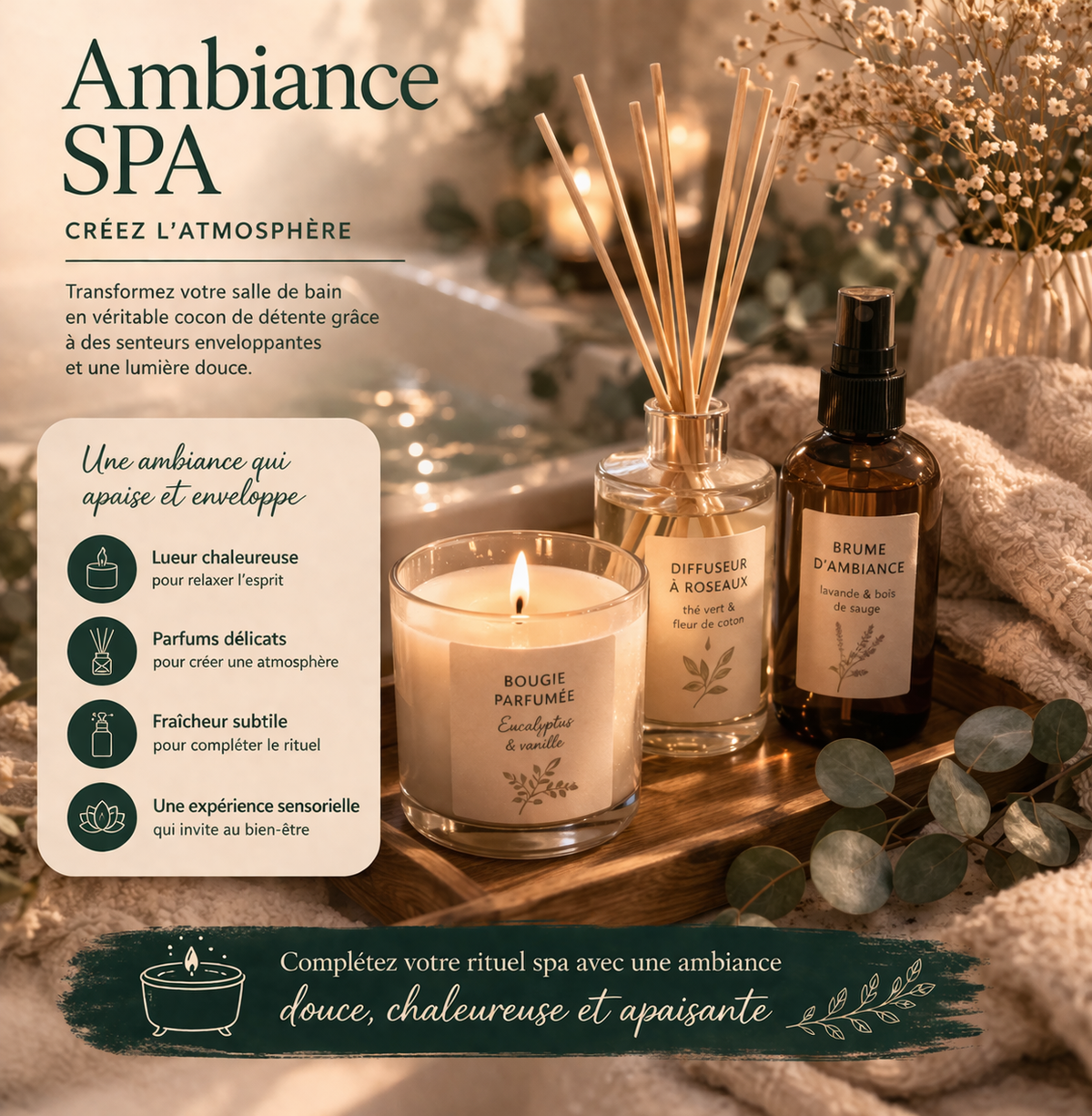 Section - Spa ambiance - Fragrant and warm essentials to transform your space into a true haven of relaxation.