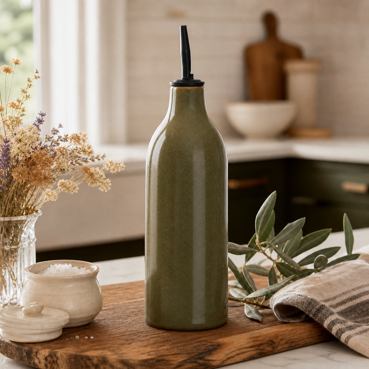 Bouteille d’huile en céramique vert olive
