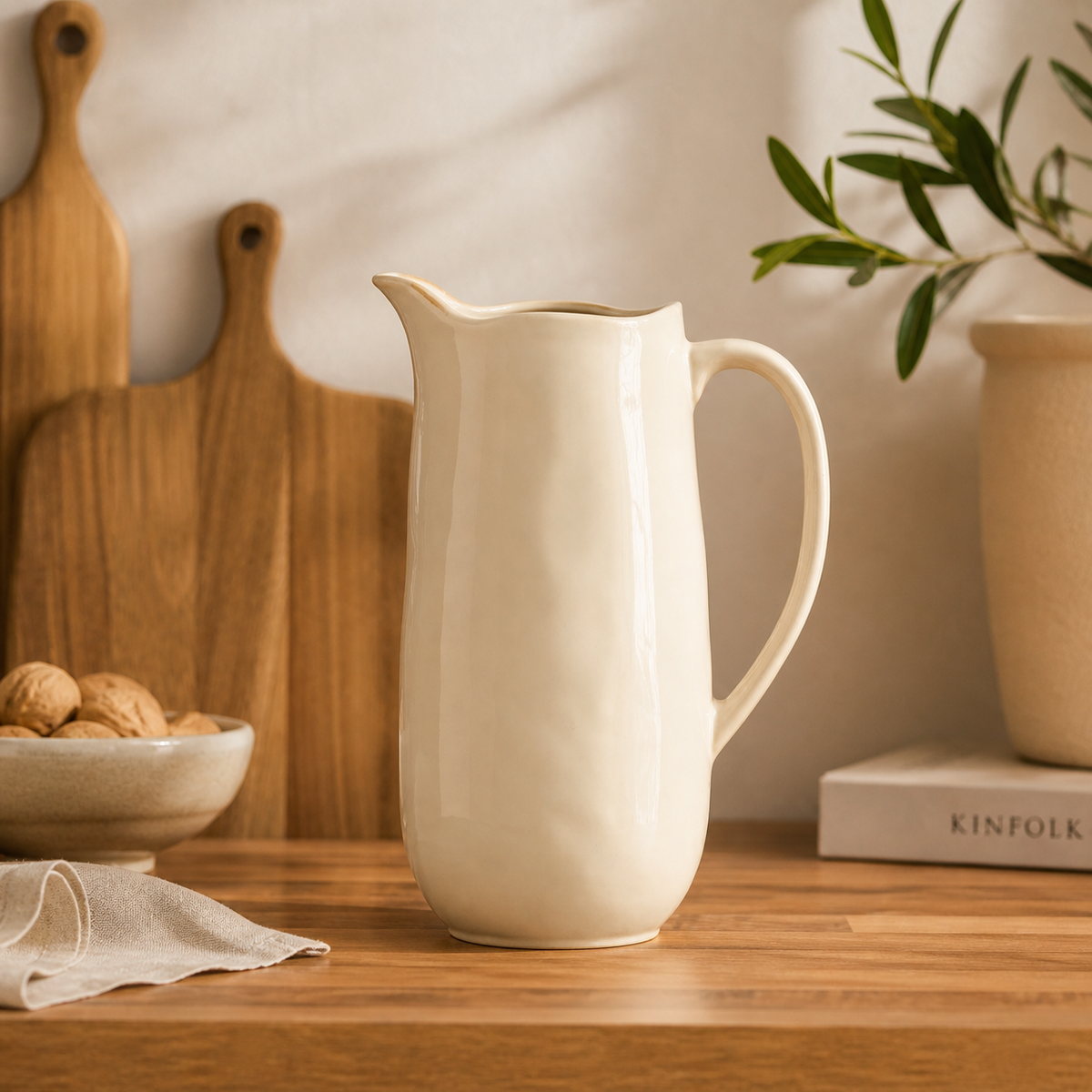 Pichet de table en céramique beige au fini artisanal
