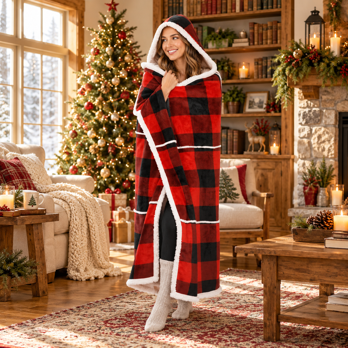 Flannel Hooded Blanket with Sherpa Lining – Red & Black Plaid