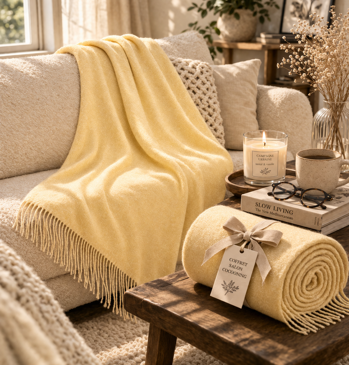Faux Cashmere Throw with Fringe – 50" x 60" (Mustard Yellow)
