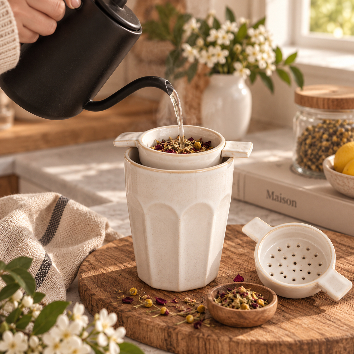 Tasse à thé avec infuseur en céramique faits à la main au Québec pour préparer du thé en feuilles.