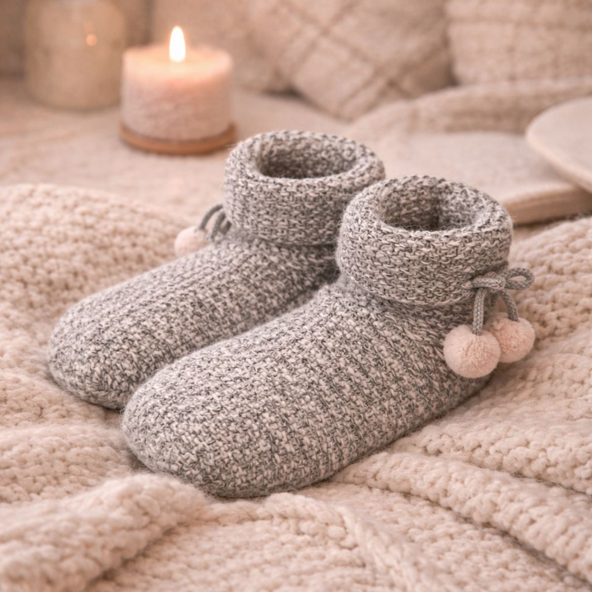 Gray knitted booties – Pink pompoms
