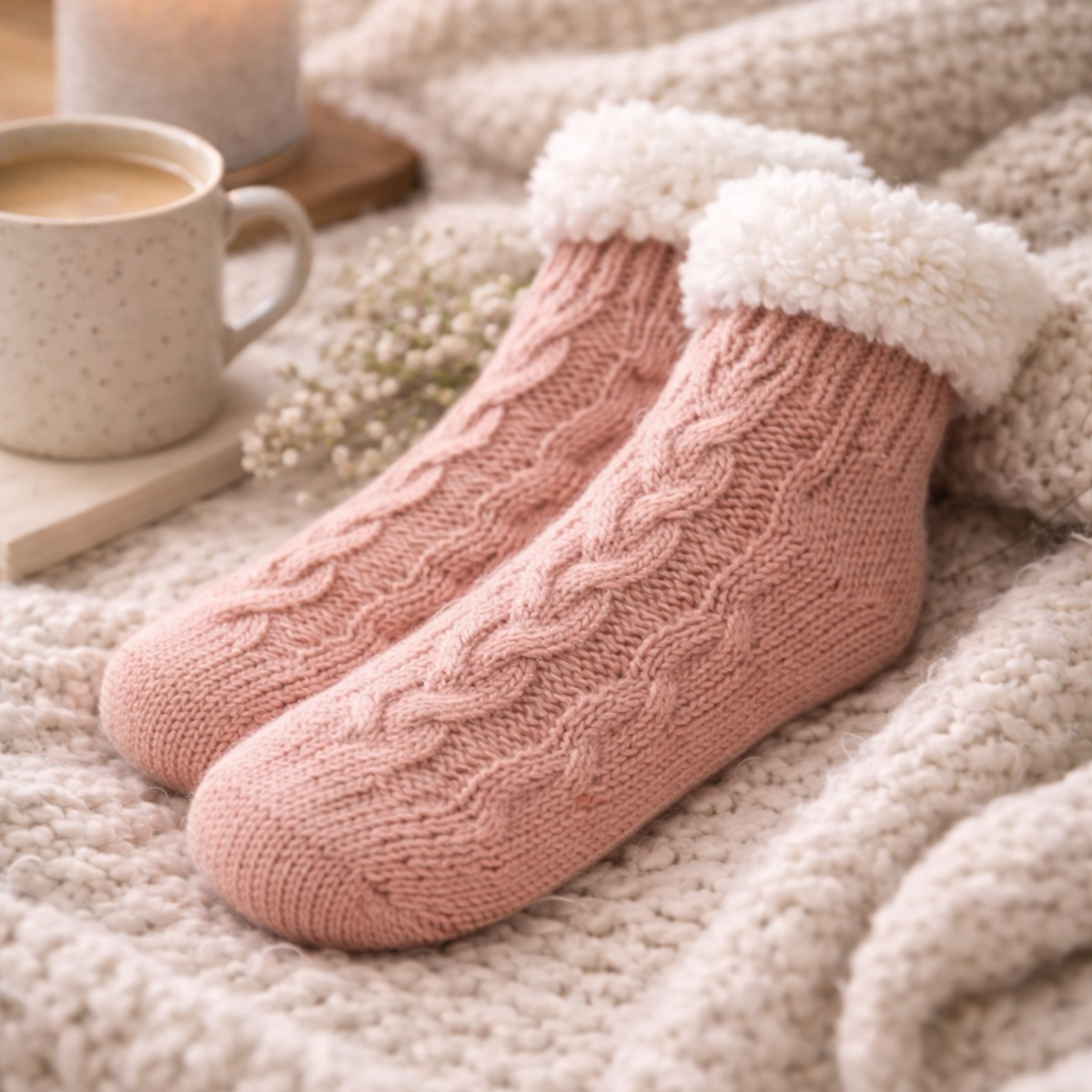 Bas pantoufles en tricot torsadé – Doublure micropolaire (Rose)