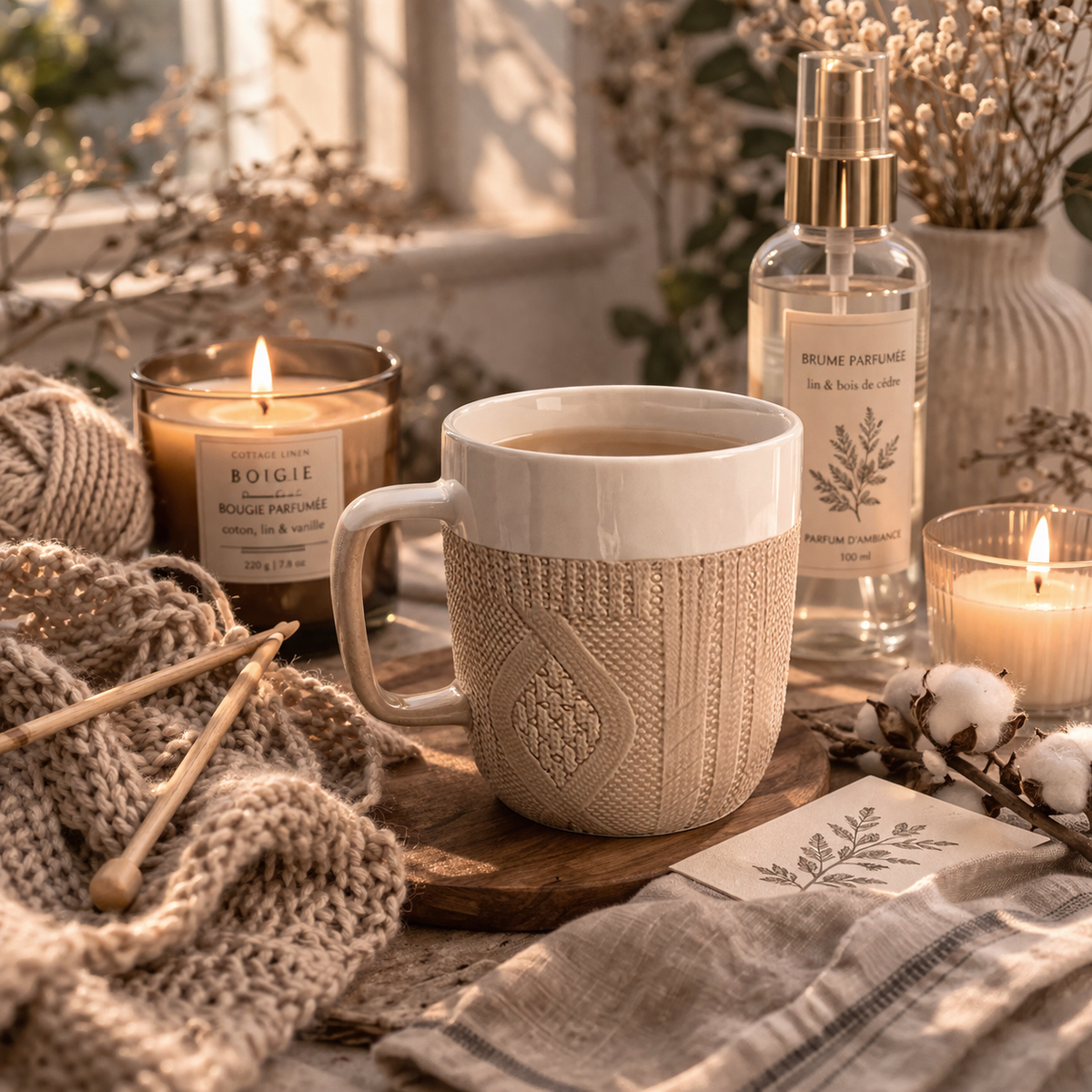 Textured beige knit-effect mug
