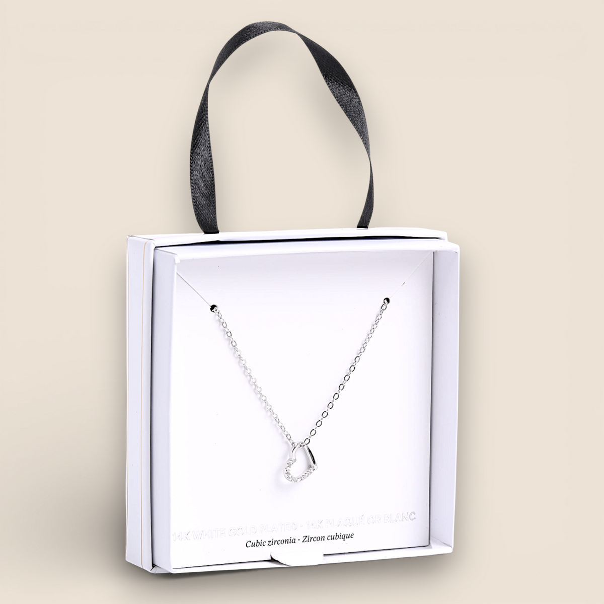 Collier délicat à pendentif cœur plaqué or blanc 14 carats