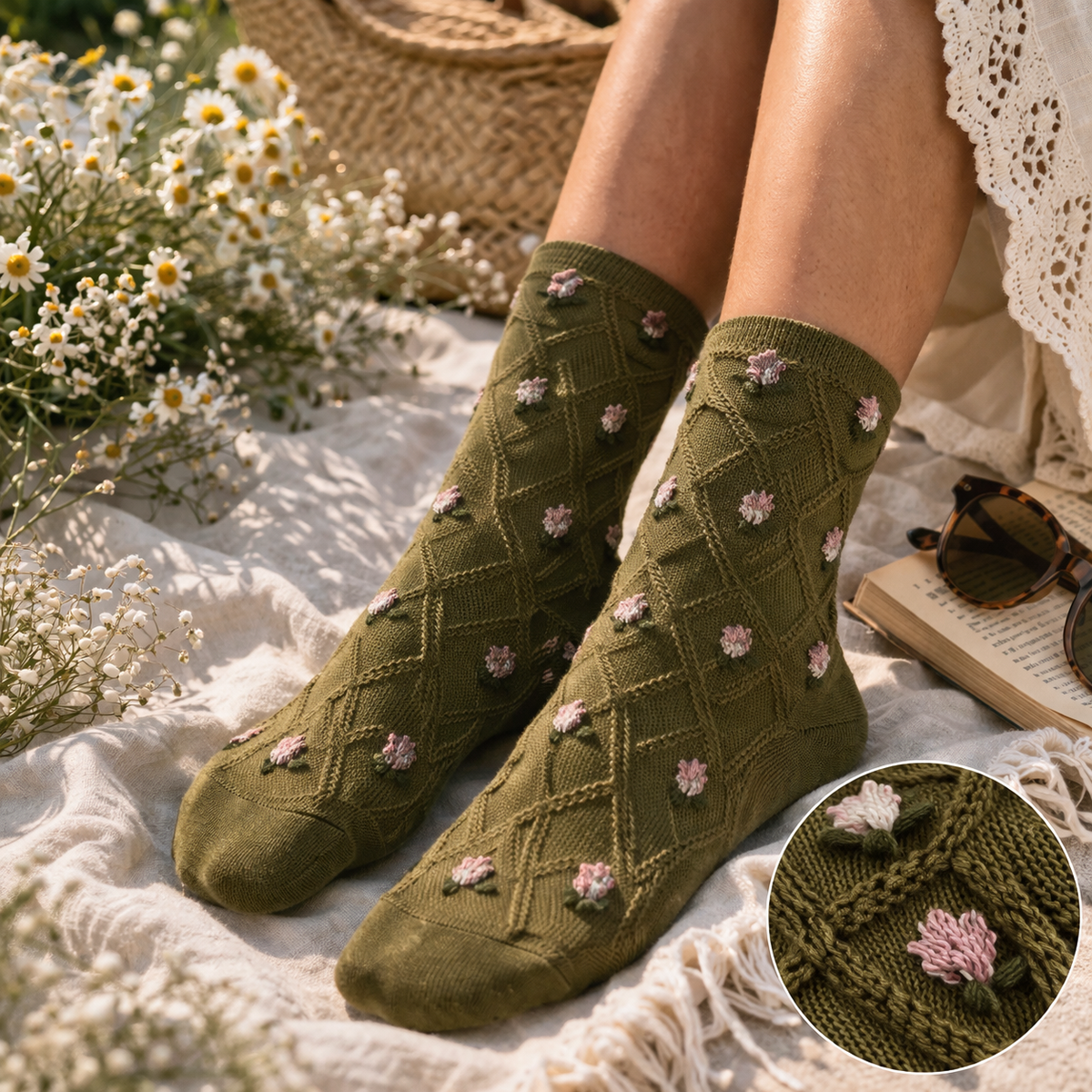 Chaussettes mi-mollet à motif floral texturées
