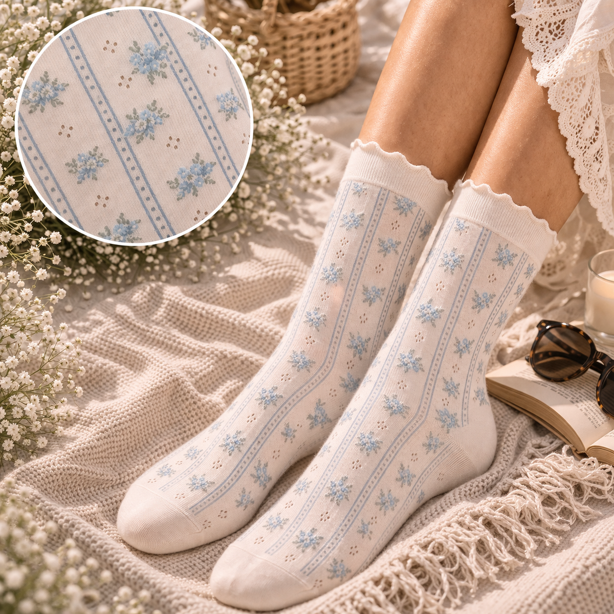 Chaussettes délicates fleuries - 3 modèles de couleurs O/S