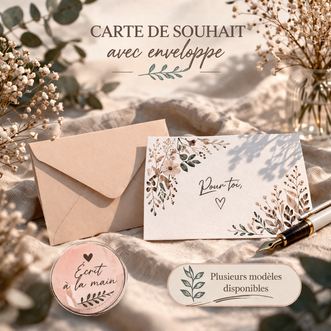 Carte premium avec enveloppe – Message écrit à la main - 150 caractères