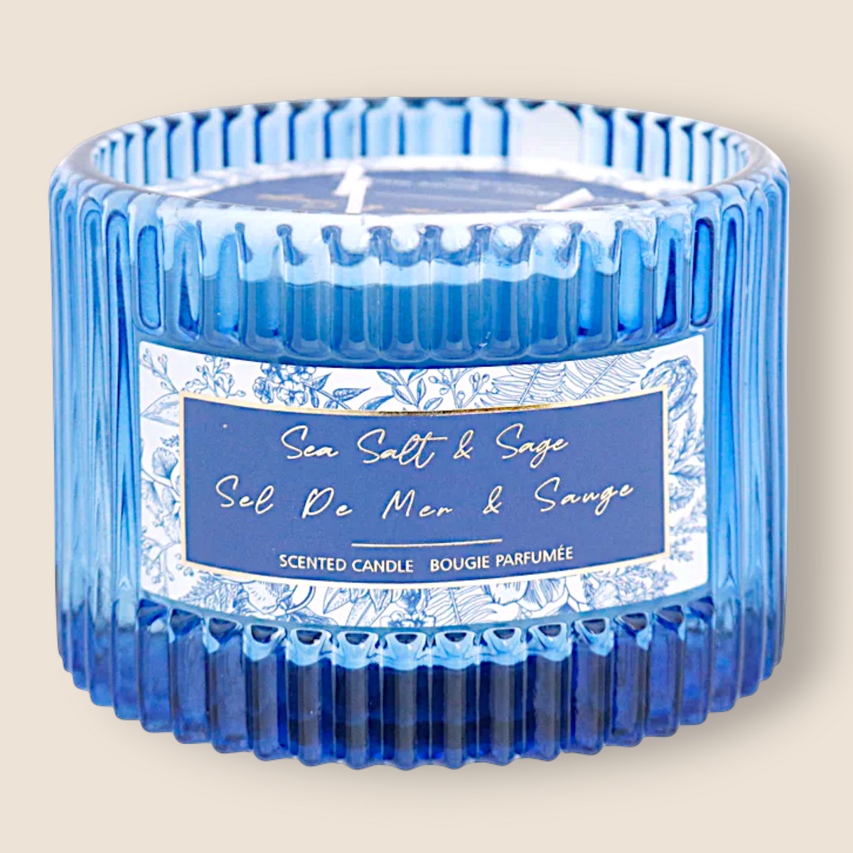 Bougie nervurée en verre bleue senteur fig, 12 oz