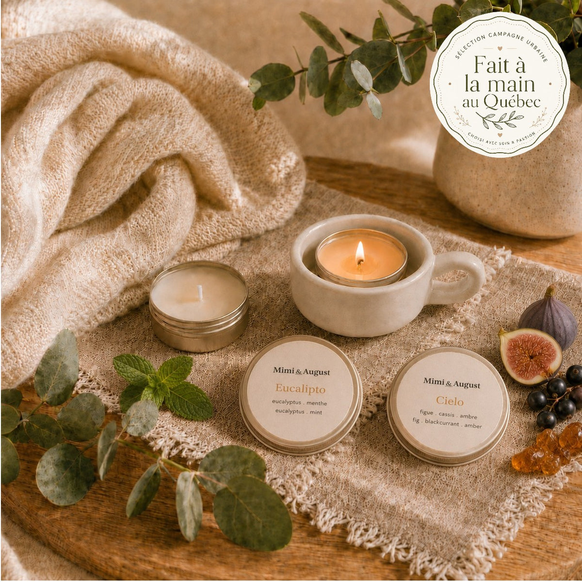 Ceramic candle holder set with 2 mini scented candles