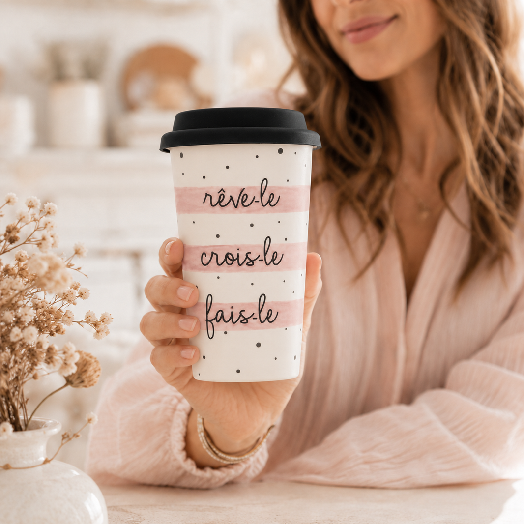 Tasse voyage “Rêve-le, crois-le, fais-le” — Bambou & silicone