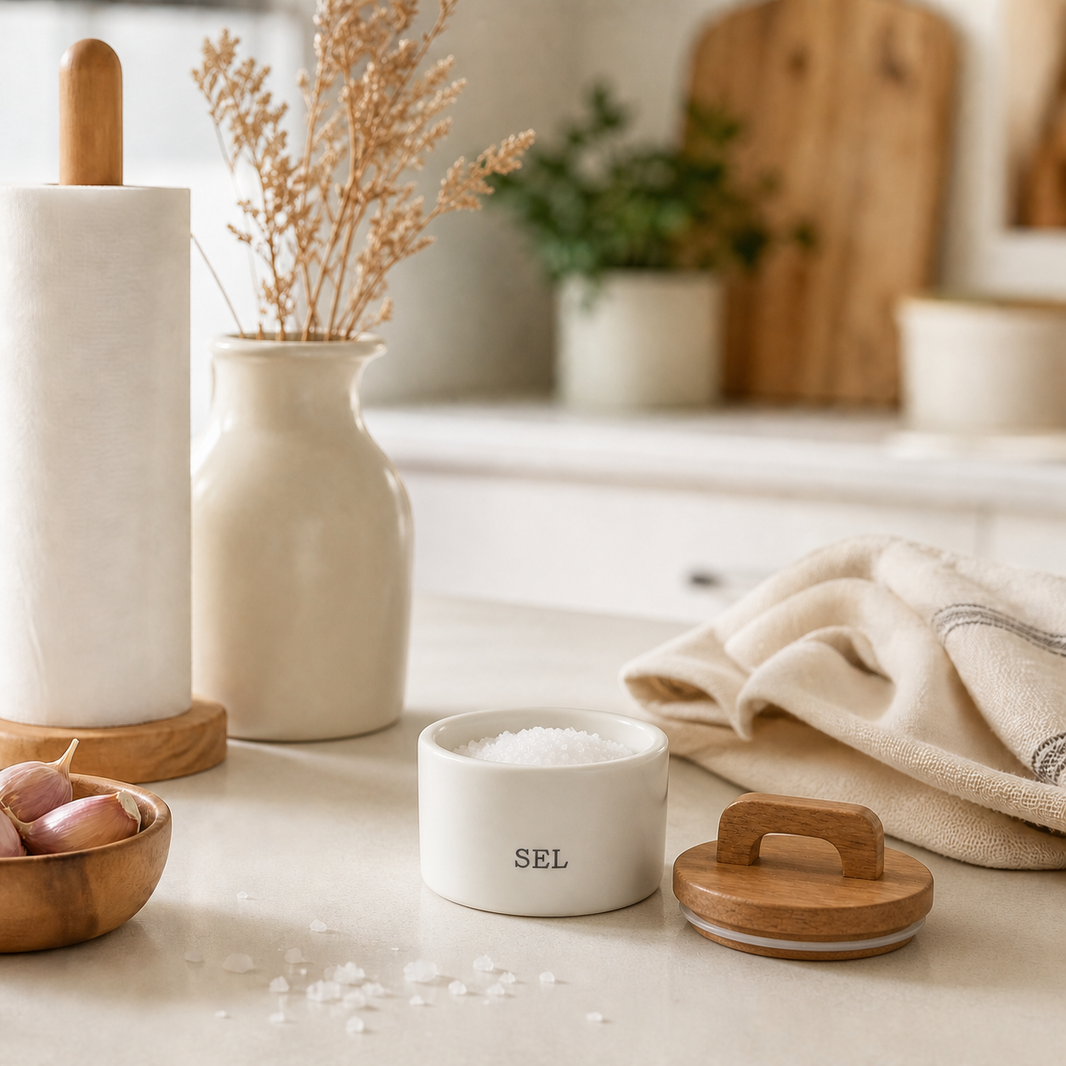Petit pot à sel en céramique avec couvercle en bois hermétique