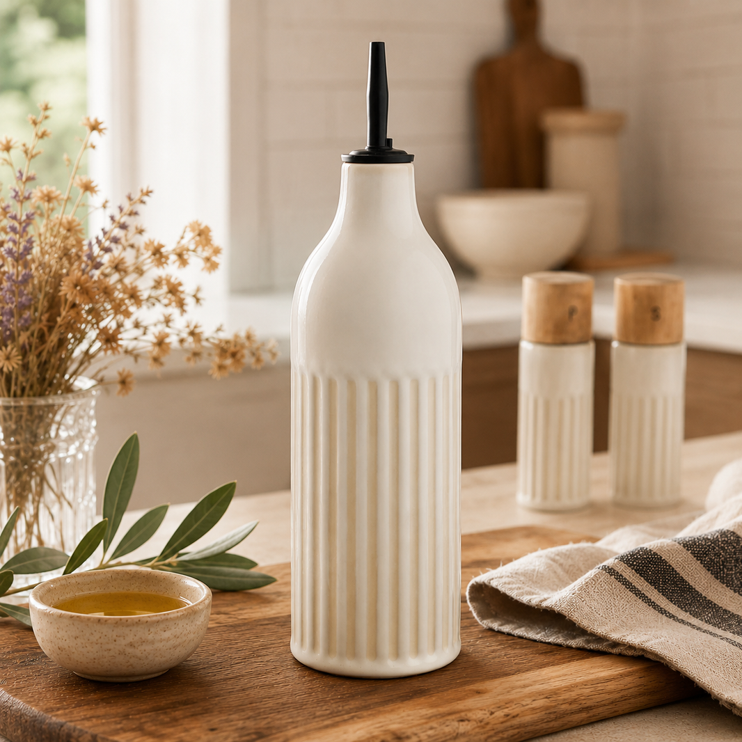 Cream fluted ceramic oil bottle
