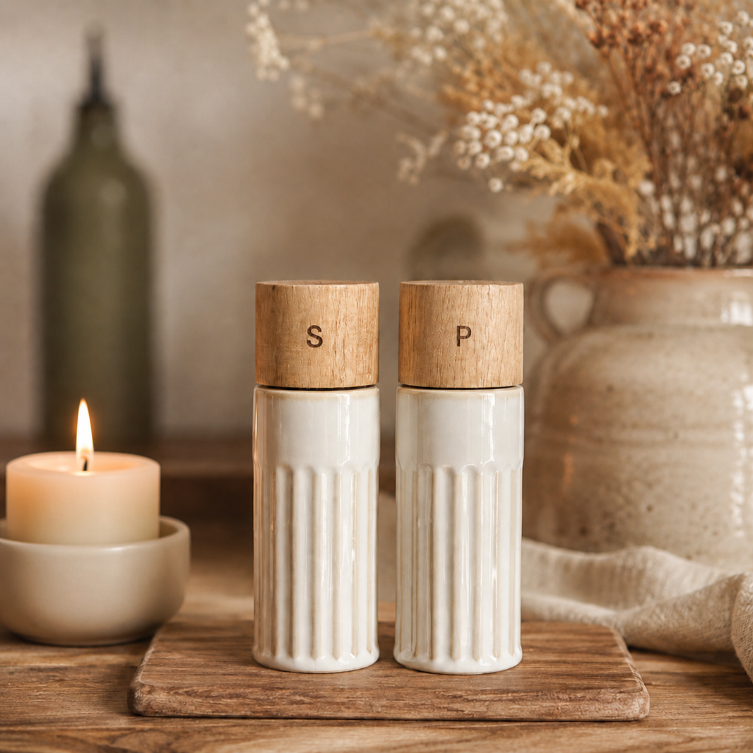 Off-white ceramic and acacia wood salt and pepper mill set