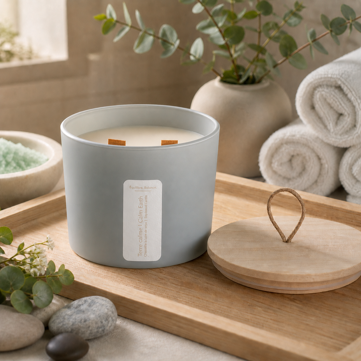 Bougie à 2 mèches de bois Terre calme — pin, eucalyptus et bois de santal