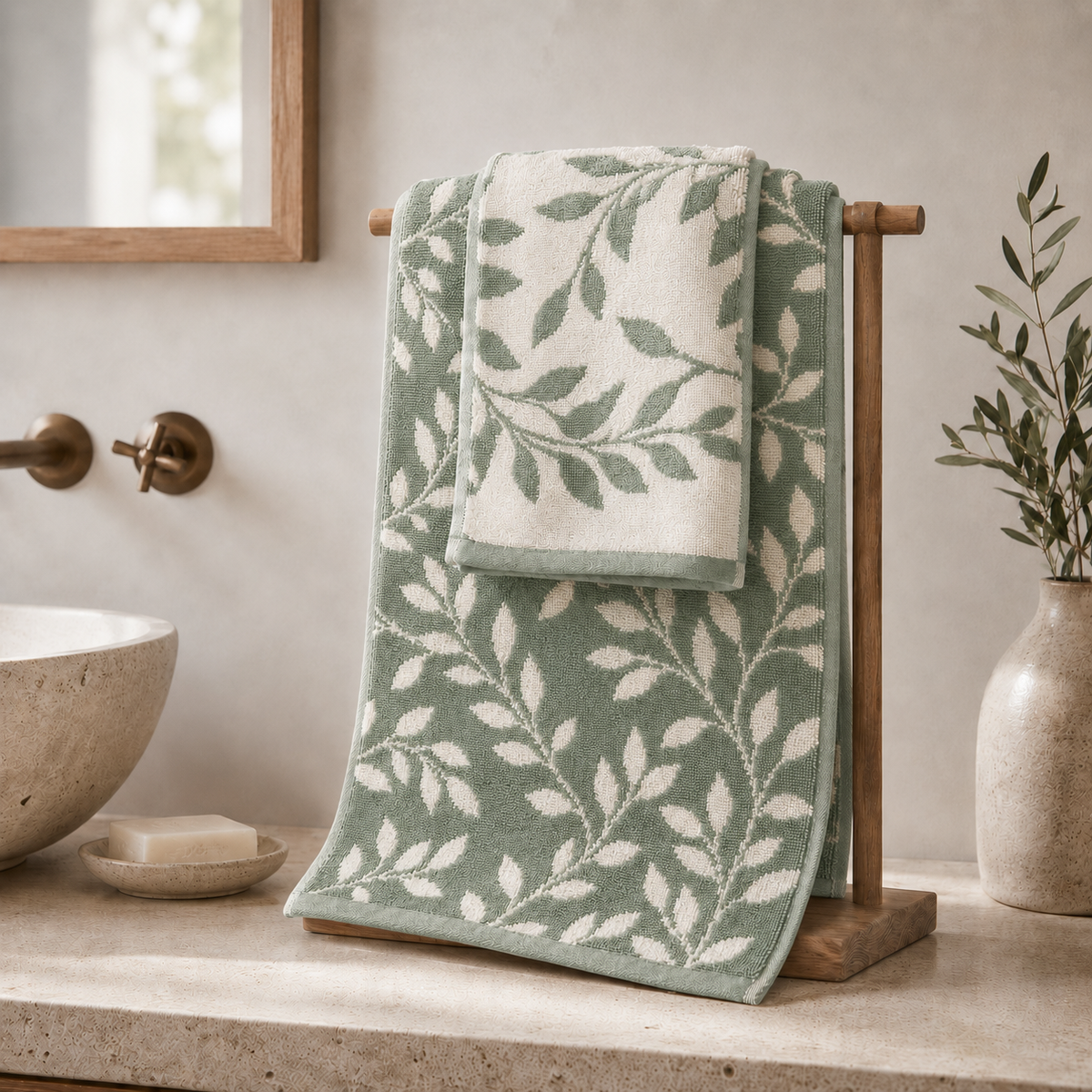 Duo de serviettes réversibles feuillage menthe & crème