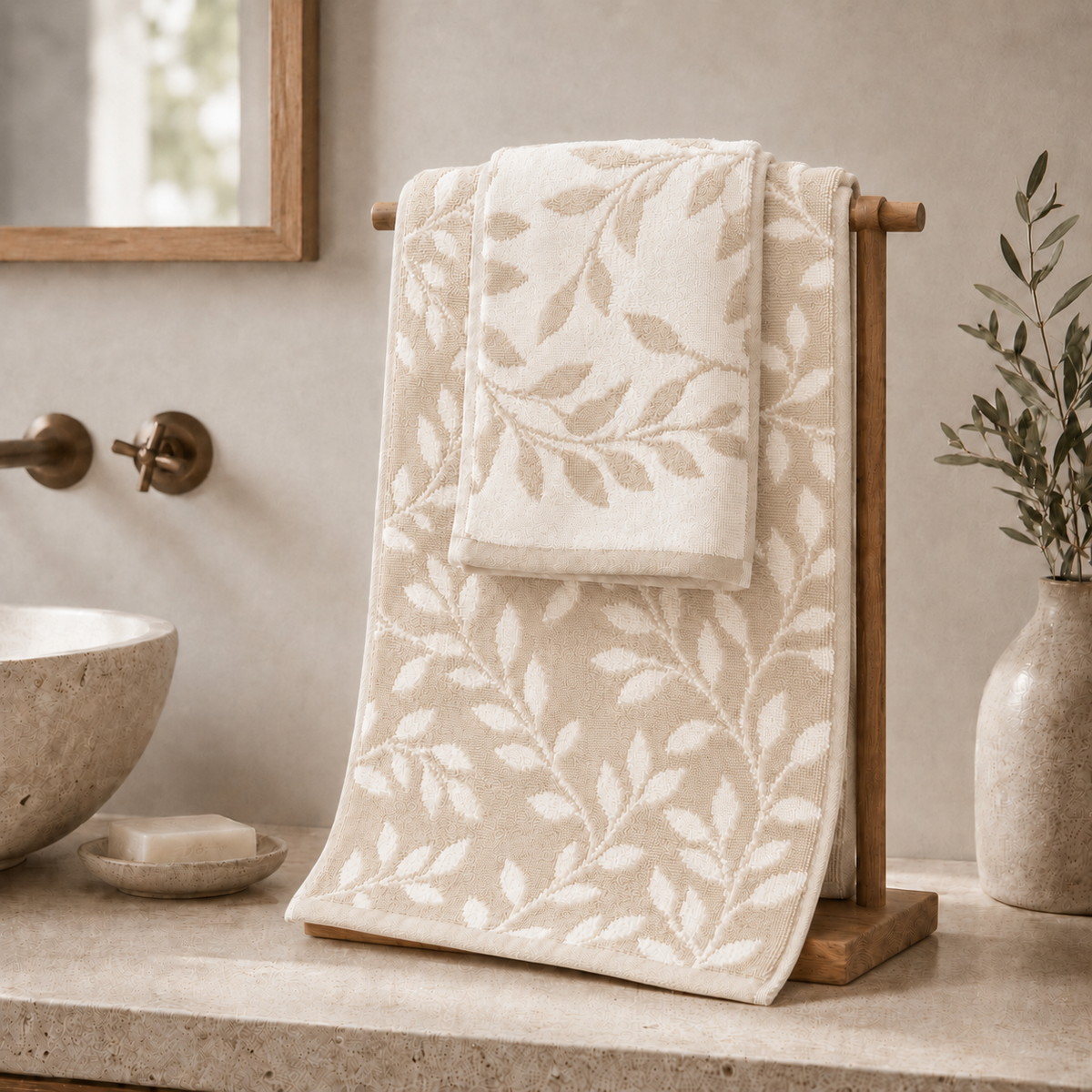 Duo de serviettes réversibles feuillage Beige et crème