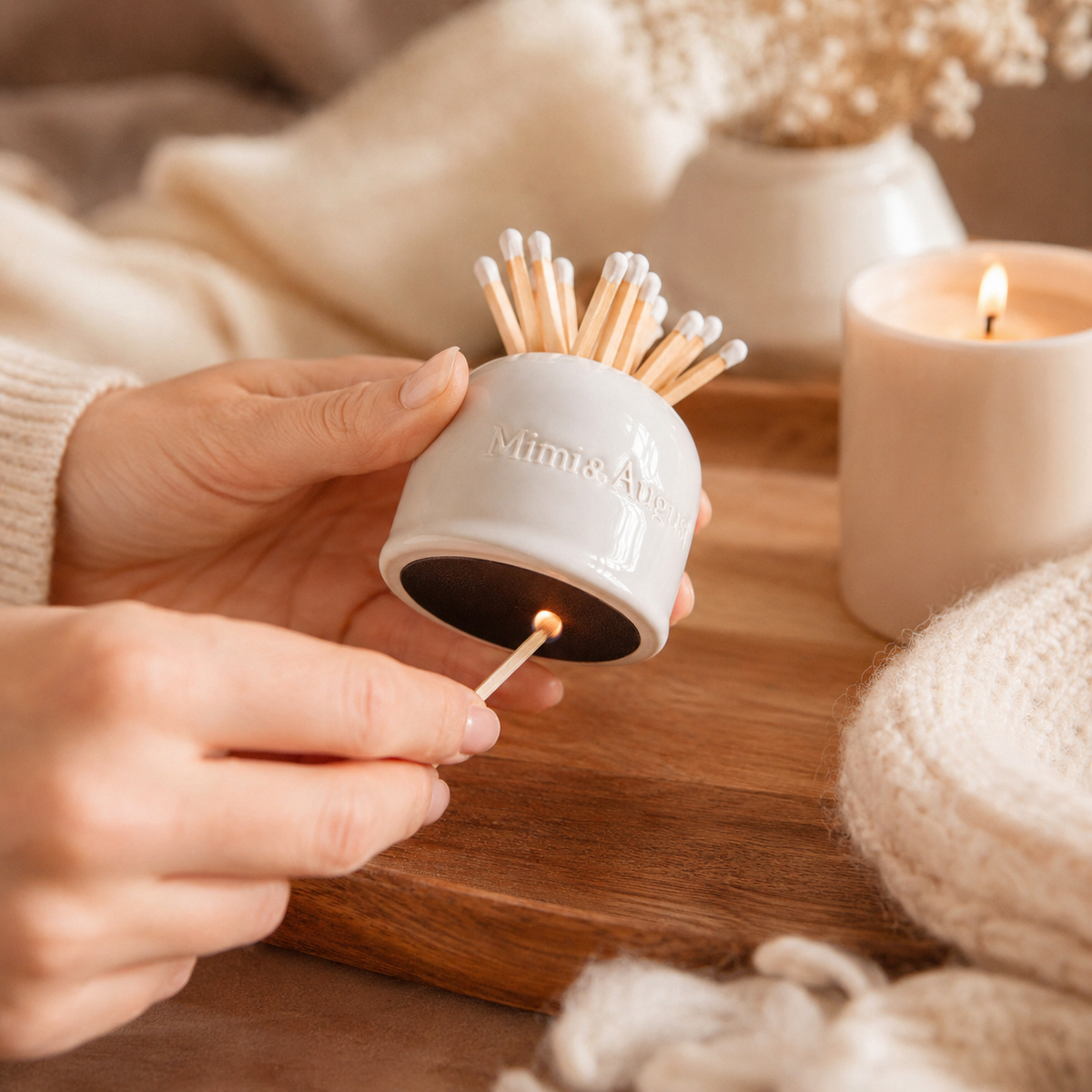 Pot d'allumettes en céramique crème - fait à la main (allumettes incluses)