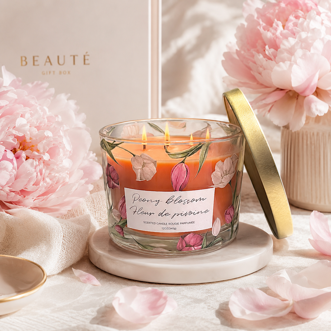 Bougie en pot de verre Fleur de pivoine – 12 oz
