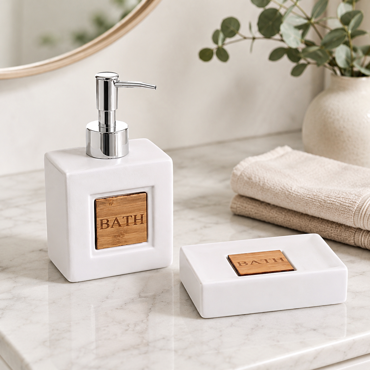Accessoires de salle de bain en dolomite et bambou — Distributeur ou porte-savon
