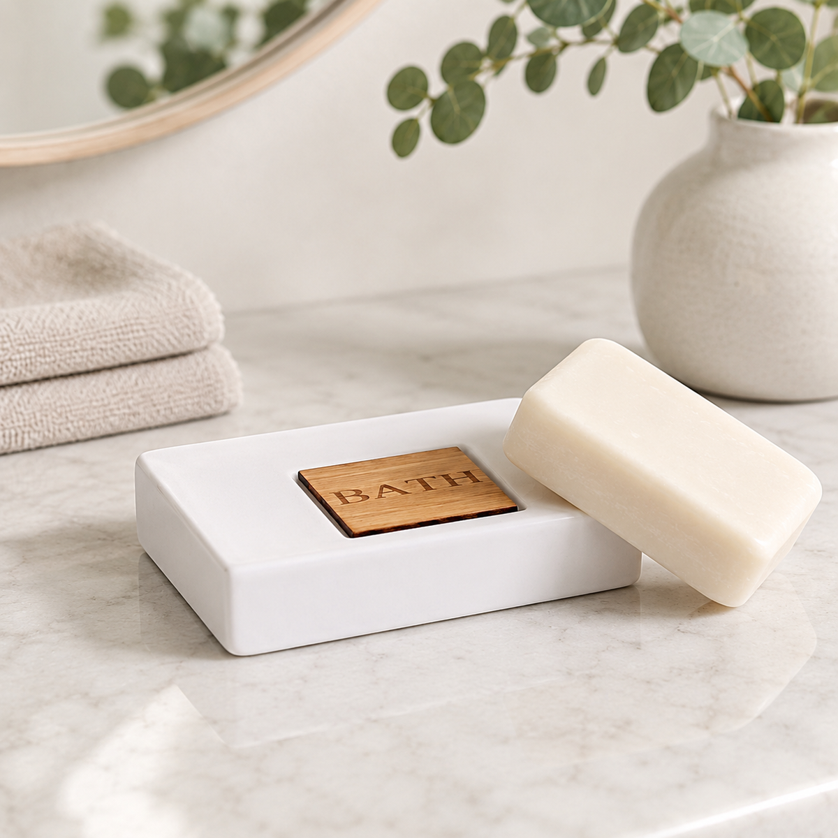 Accessoires de salle de bain en dolomite et bambou — Distributeur ou porte-savon