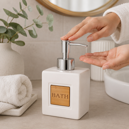 Accessoires de salle de bain en dolomite et bambou — Distributeur ou porte-savon