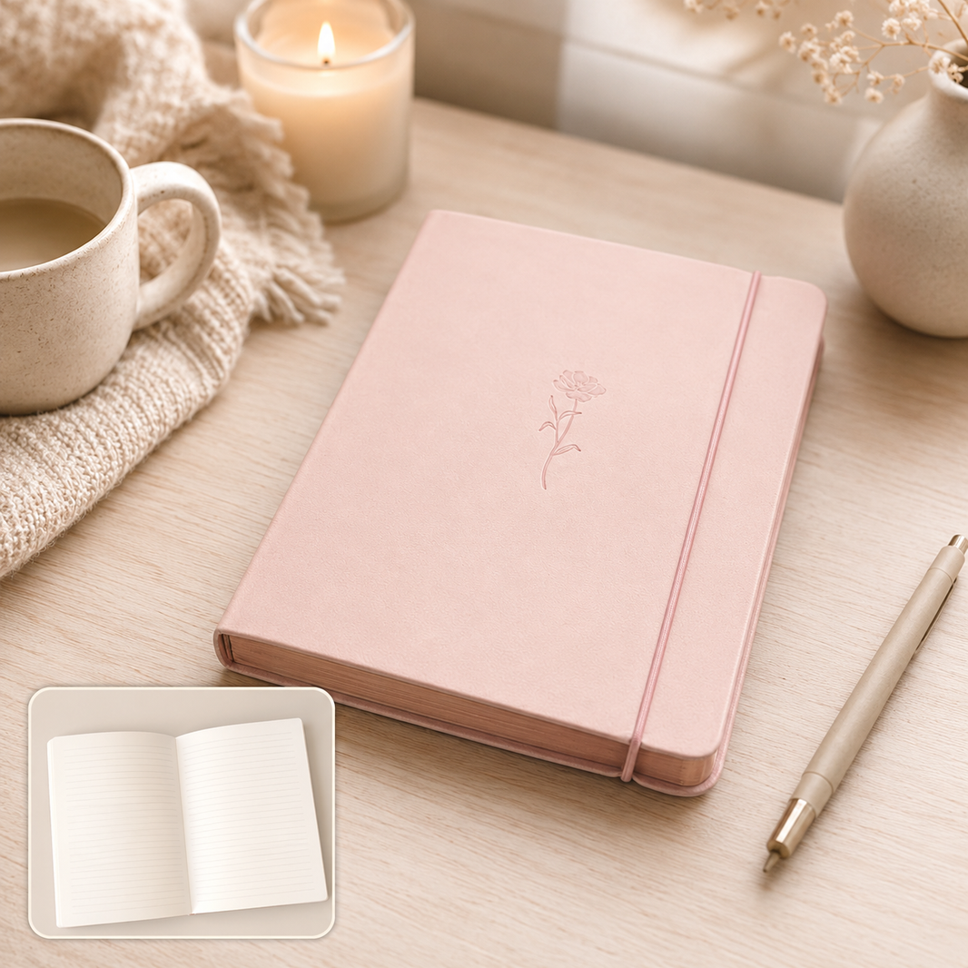 Carnet souple rose poudré – Écriture délicate & reflets dorés