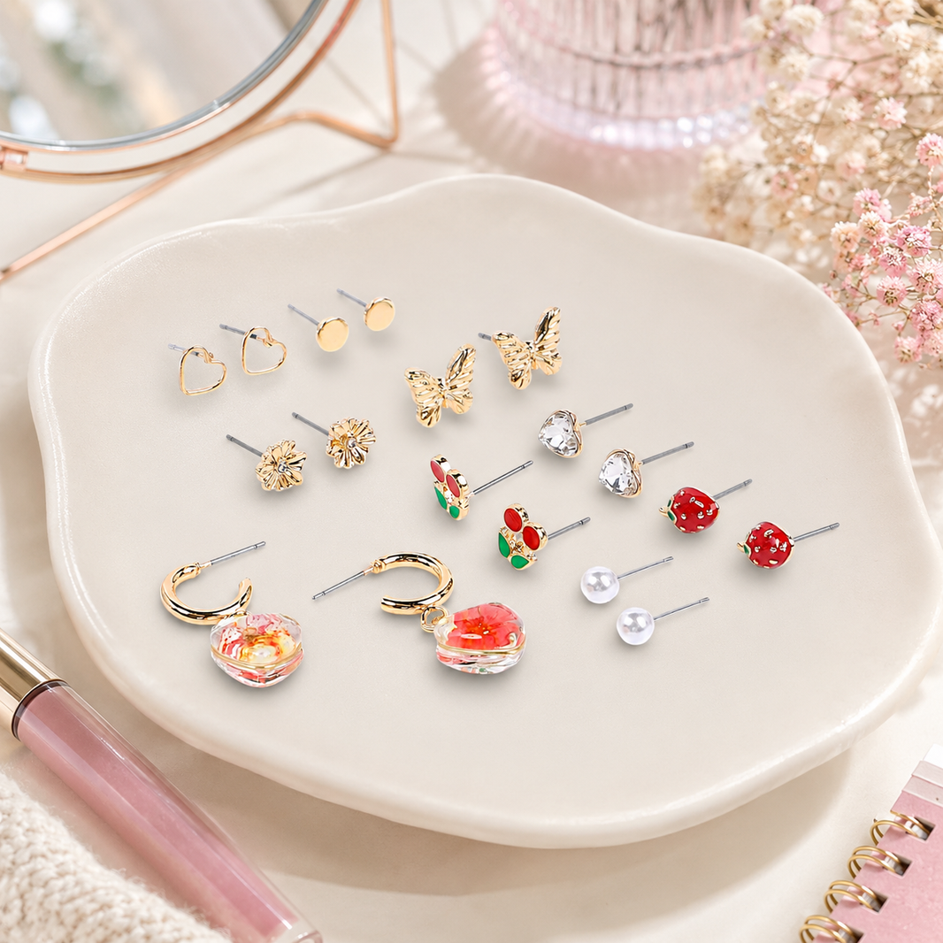 Ensemble 9 paires de boucles d’oreilles motifs fun – Hypoallergènes