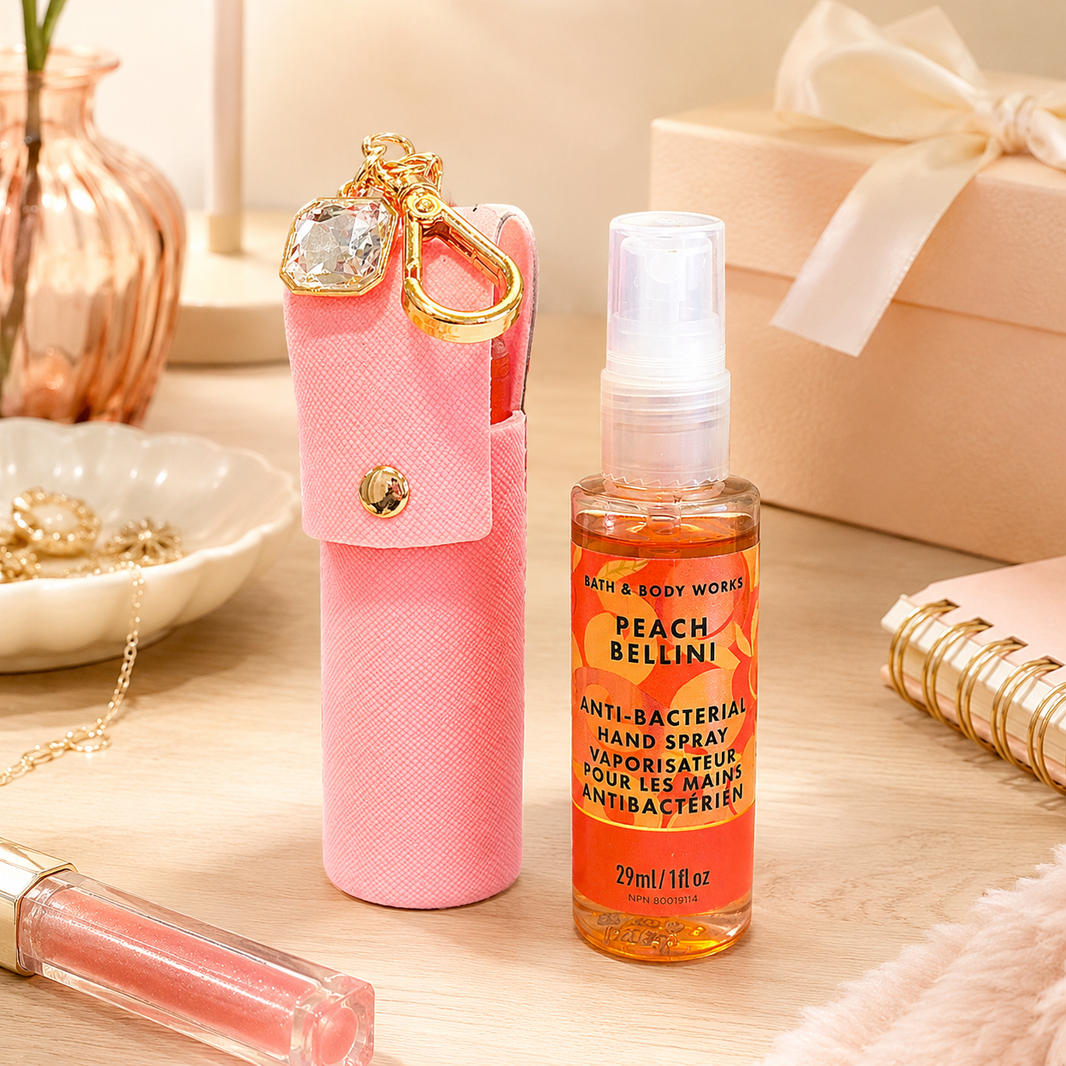 Ensemble pochette silicone rose & vaporisateur désinfectant Peach Bellini