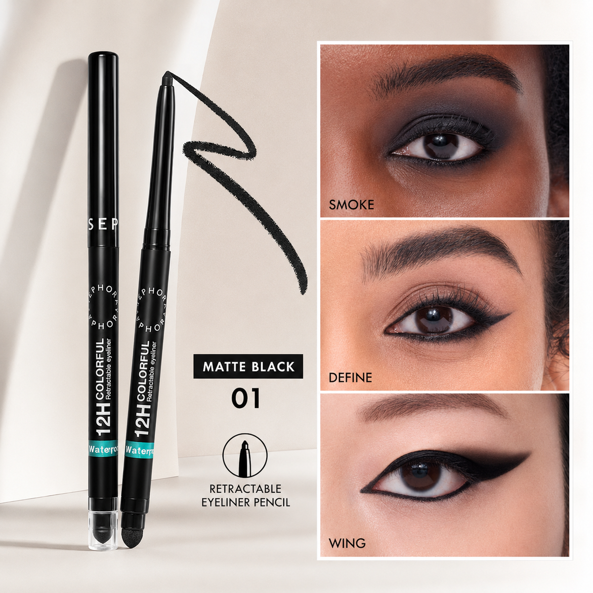 Crayon rétractable pour les yeux - Eyeliner Waterproof 12h - Noir mat (01) - Sephora
