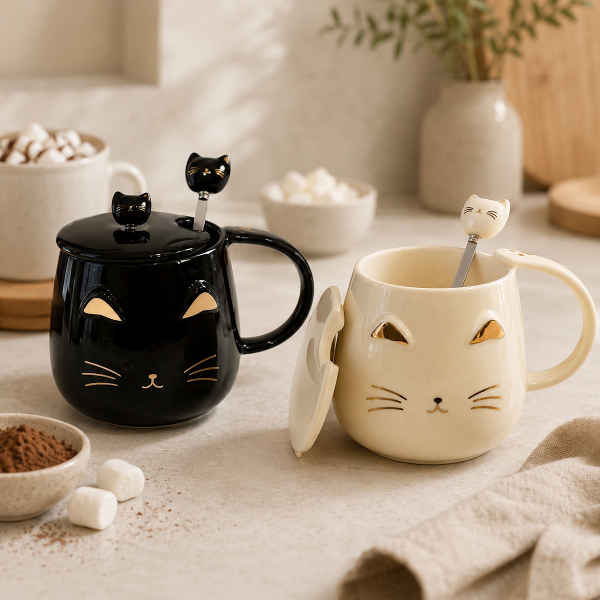 Tasse chat mignon avec couvercle & cuillère – choix de couleur