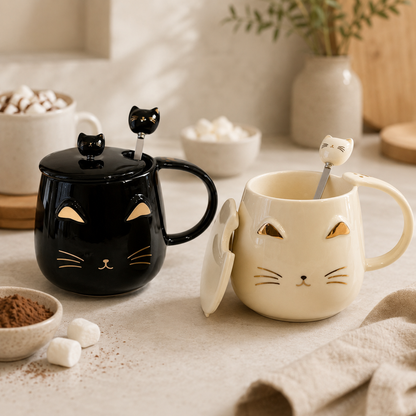 Tasse chat mignon avec couvercle & cuillère – choix de couleur