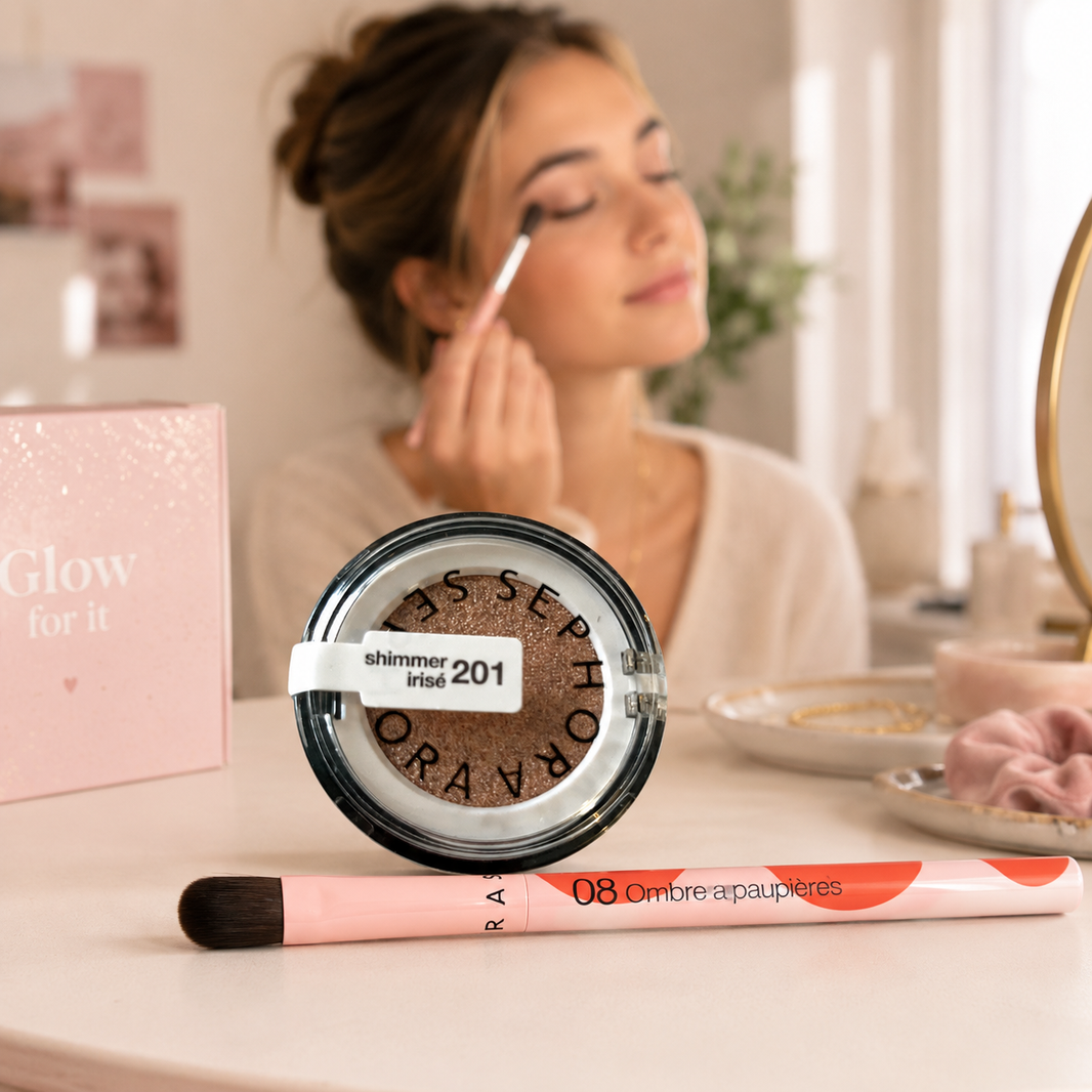 Duo regard lumineux Sephora – ombre à paupières irisée & pinceau rose