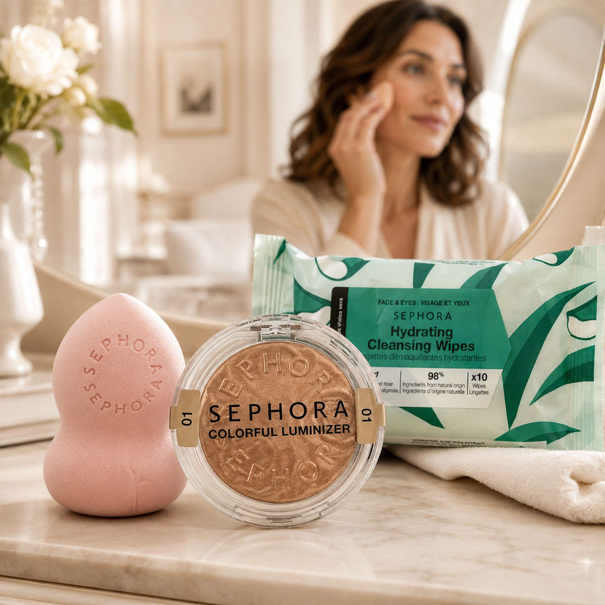 Trio teint lumineux Sephora – fard Gold-01, éponge maquillage & lingettes aloe vera