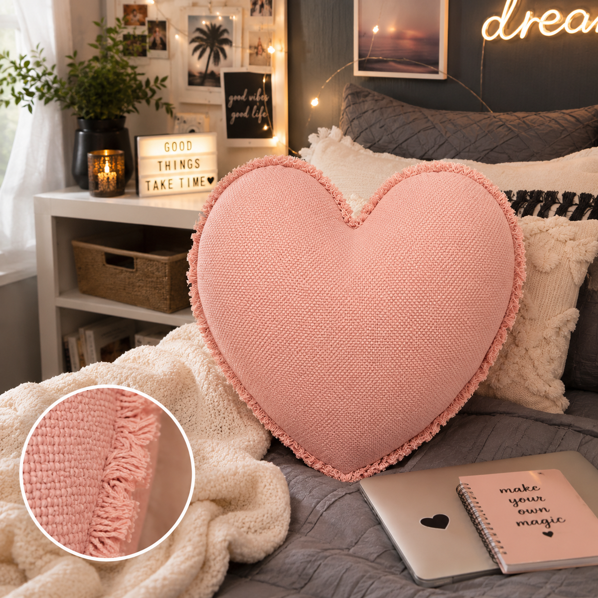 Coussin décoratif en cœur – Sekka rose poudré