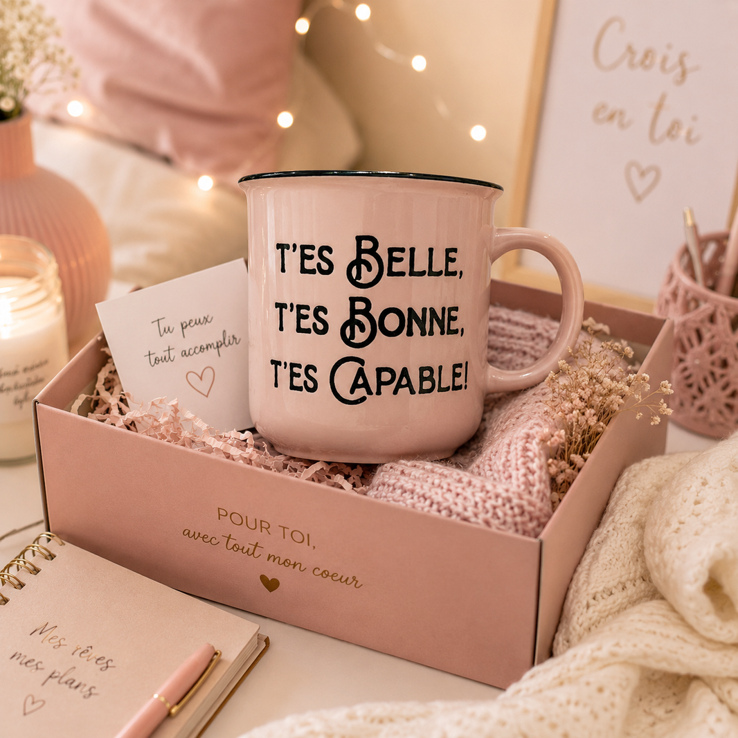 Tasse rose message motivation « T’es belle, t’es bonne, t’es capable »