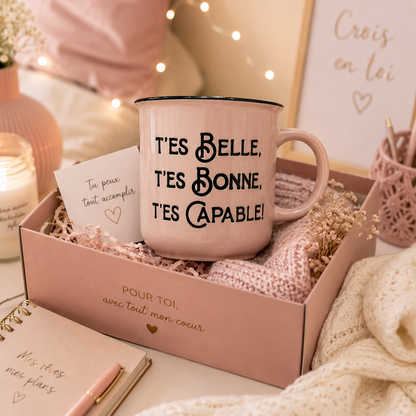 Tasse rose message motivation « T’es belle, t’es bonne, t’es capable »