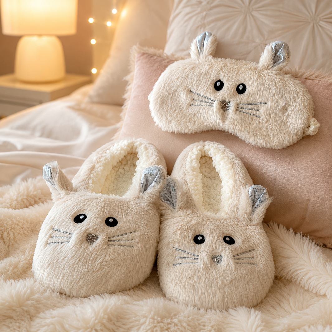 Ensemble pantoufles & masque ultra doux – « Lapin blanc »