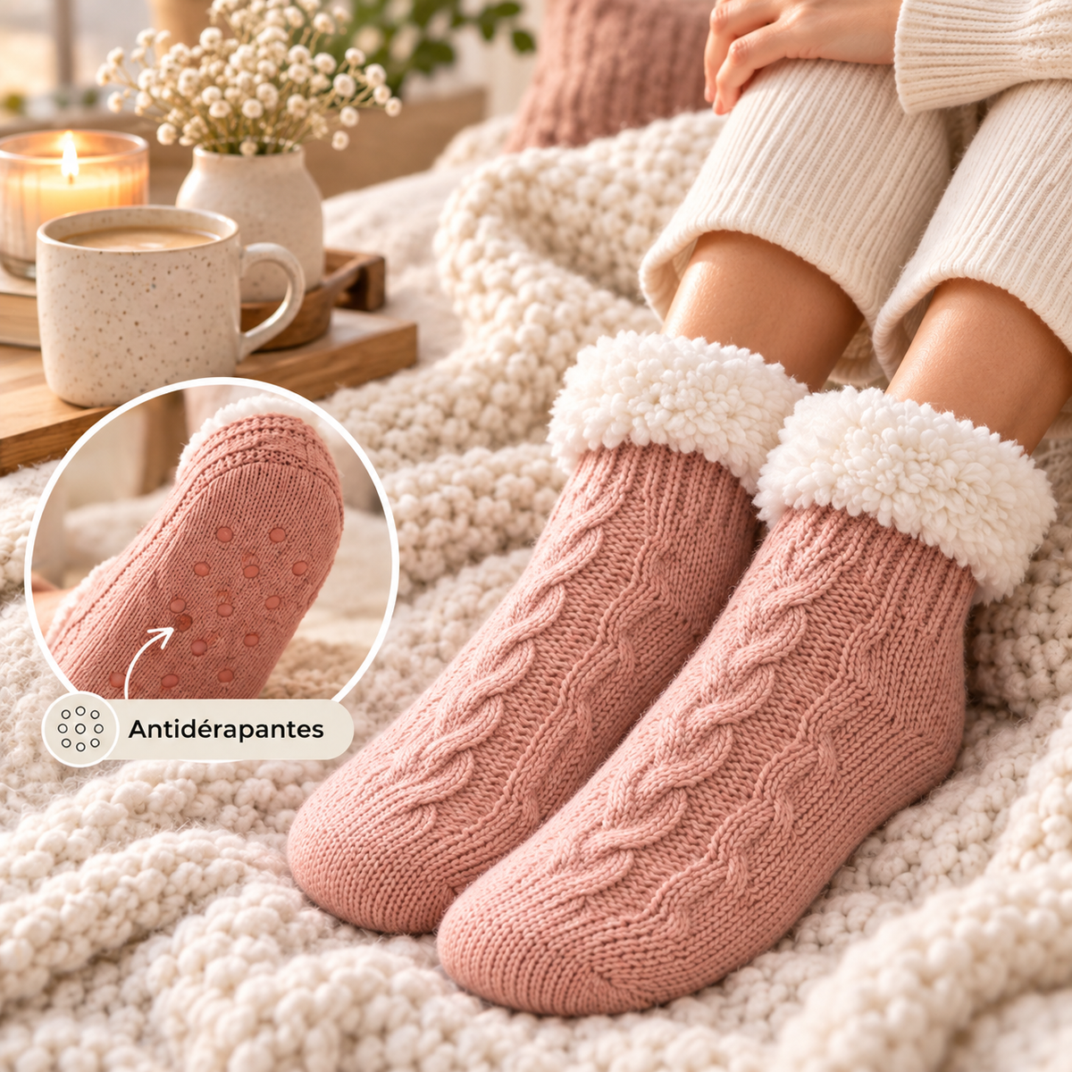 Bas pantoufles en tricot torsadé – Doublure micropolaire (Rose)