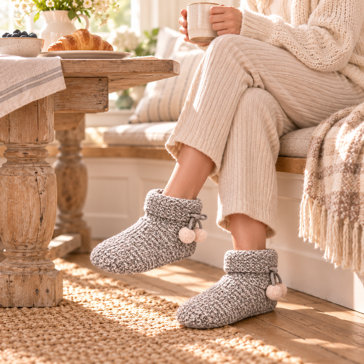 Gray knitted booties – Pink pompoms