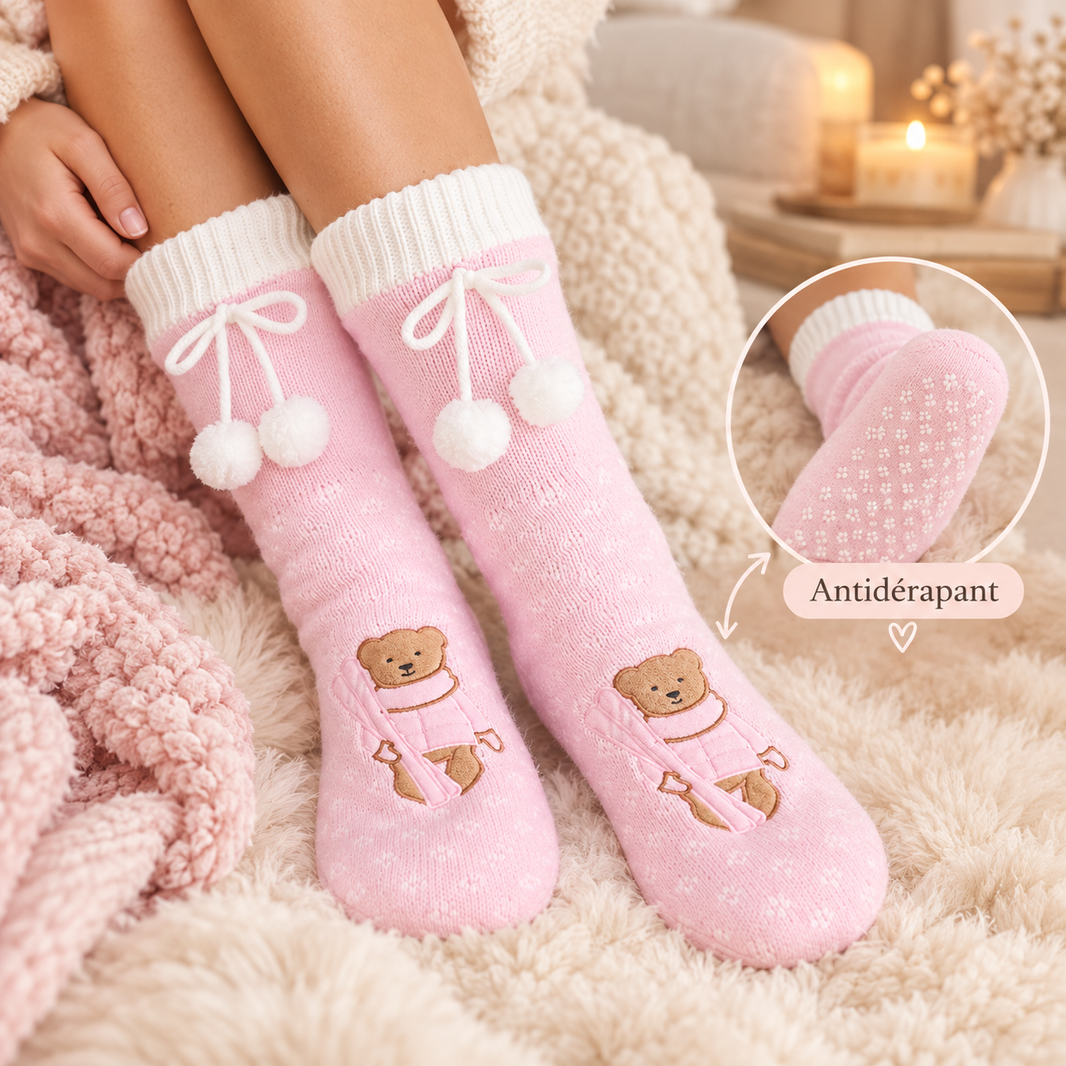 Bas longs ourson en tricot et sherpa rose et crème - La vie en rose
