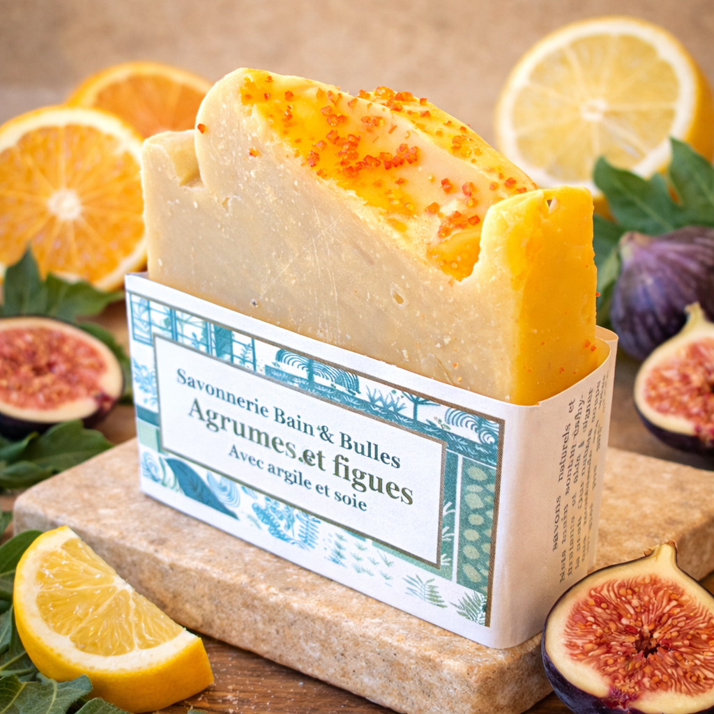 Savon en barre artisanal – Agrumes et figues – Savonnerie Bain & Bulles