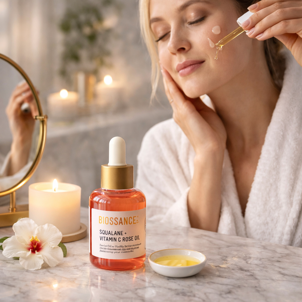 Huile pour le visage à la rose illuminante et raffermissante avec vitamine C + squalane – Biossance.
