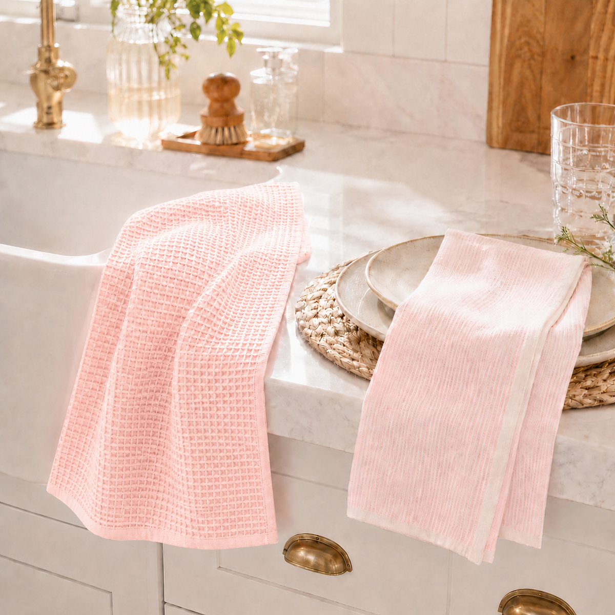 Serviette de cuisine fines rayures rosées - choix de 2 modèles