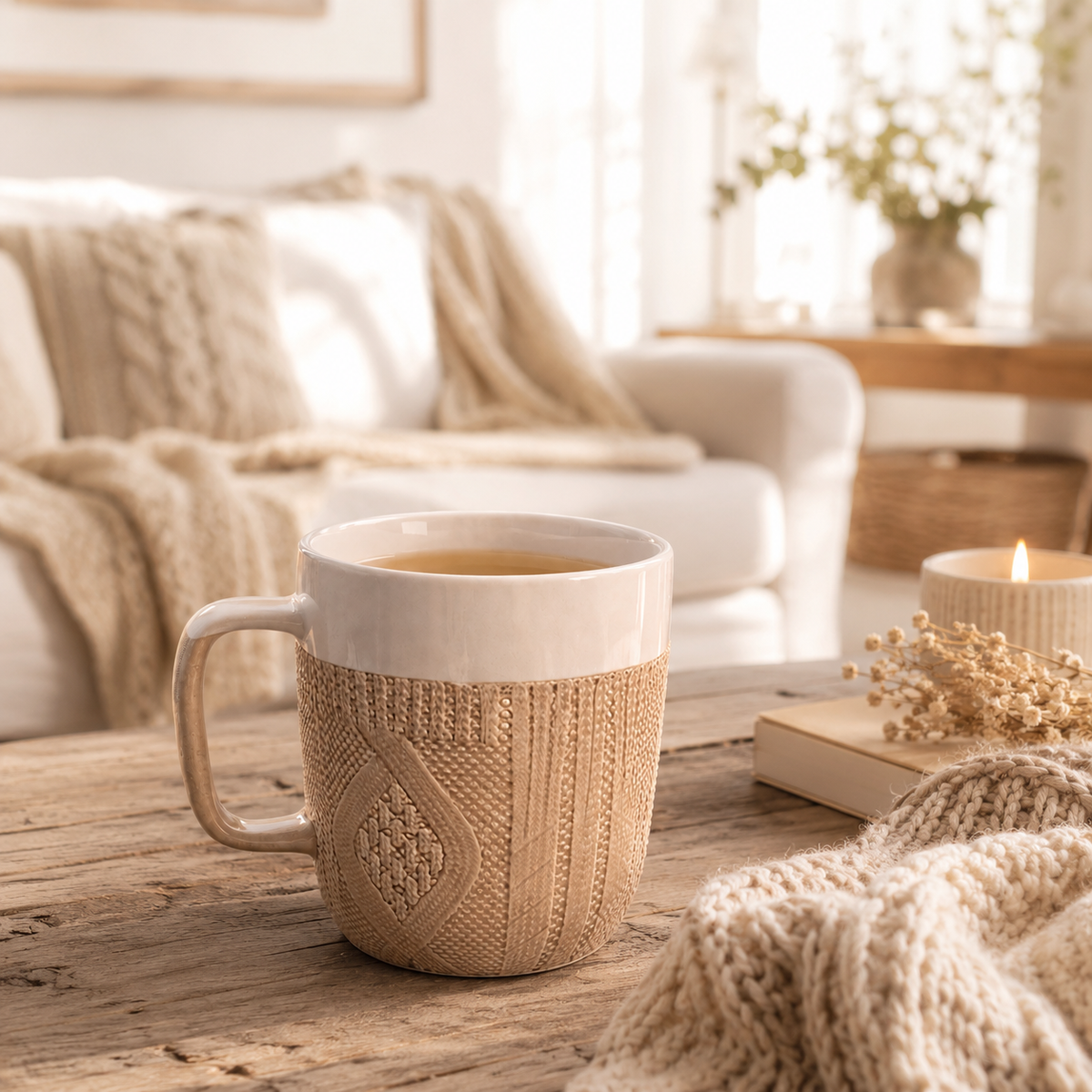 Textured beige knit-effect mug