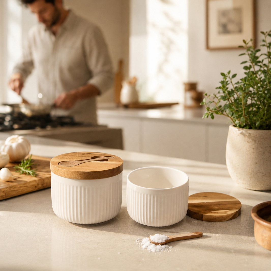 Pot à sel en porcelaine et bois avec cuillère